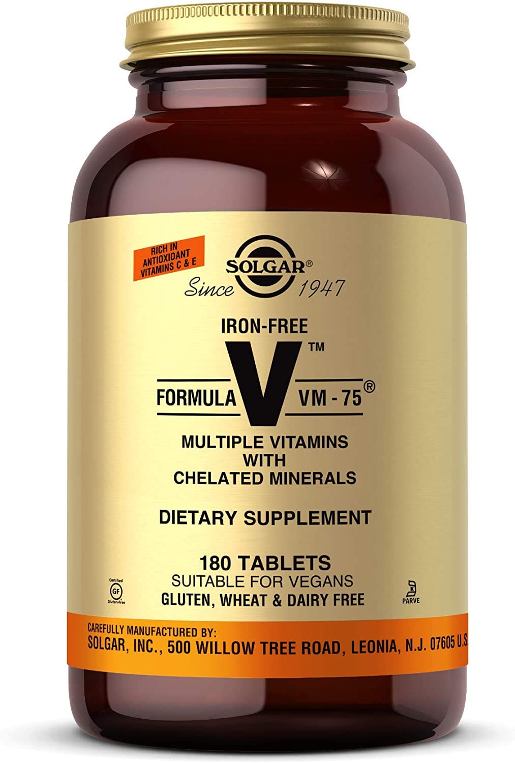 Solgar Iron-Free VM-75 bottle with 180 tablets