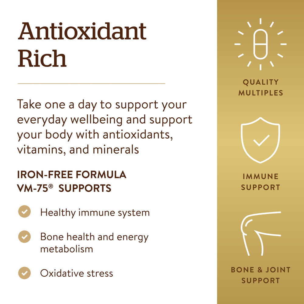 Vegan, kosher, gluten and dairy-free Solgar VM-75 packaging and label