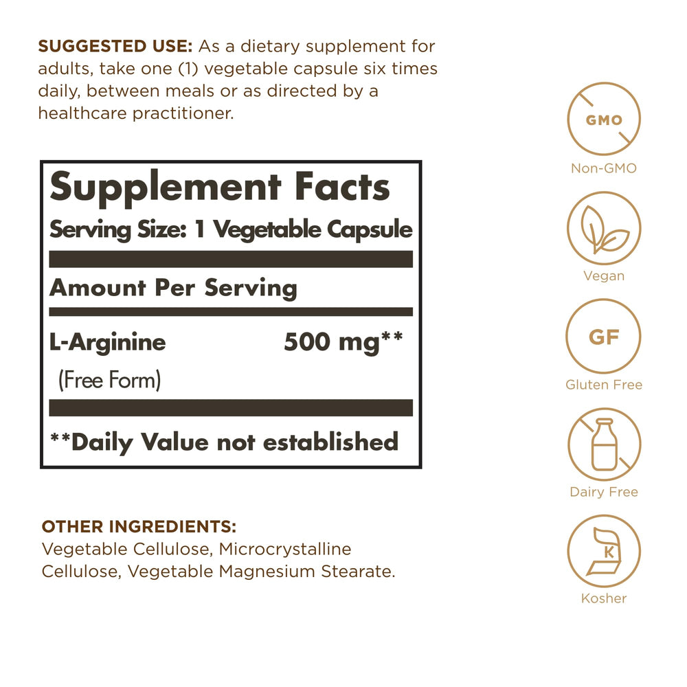 Close-up of Solgar L-Arginine 500 mg bottle