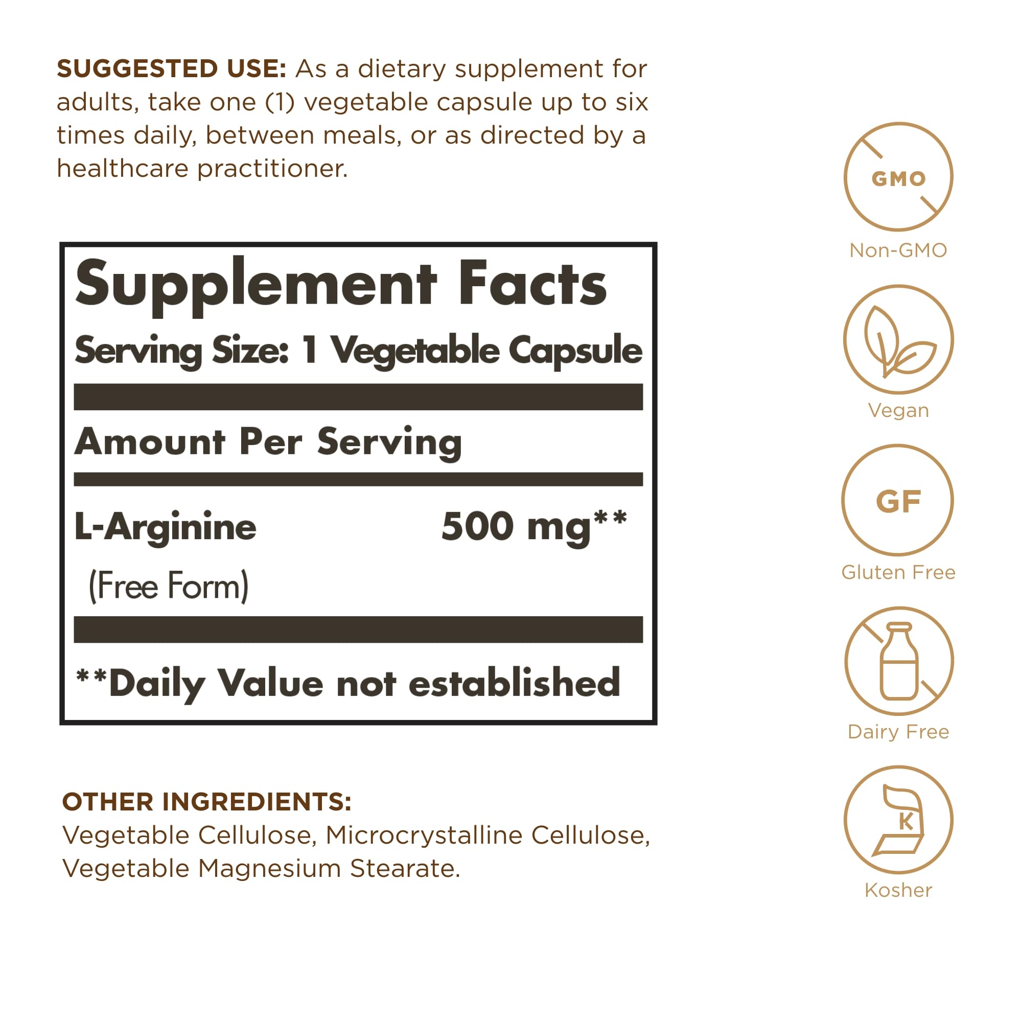 Solgar L-Arginine 500 mg supplement facts panel
