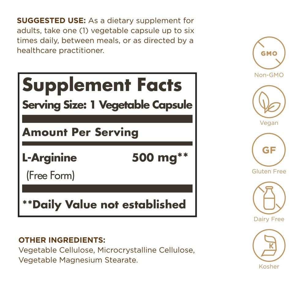 Solgar L-Arginine 500 mg supplement facts panel