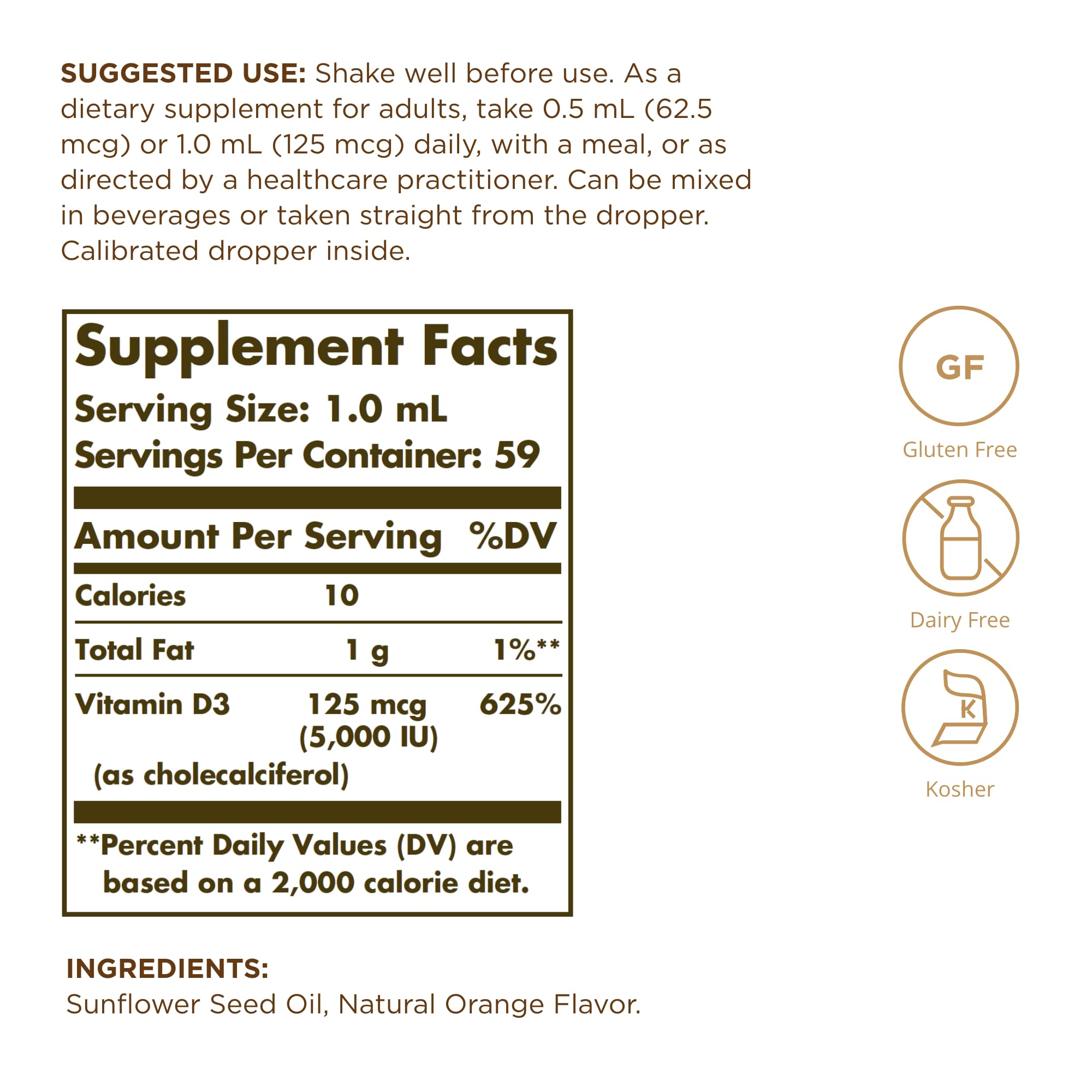 Close-up of Solgar Vitamin D3 orange flavor bottle label