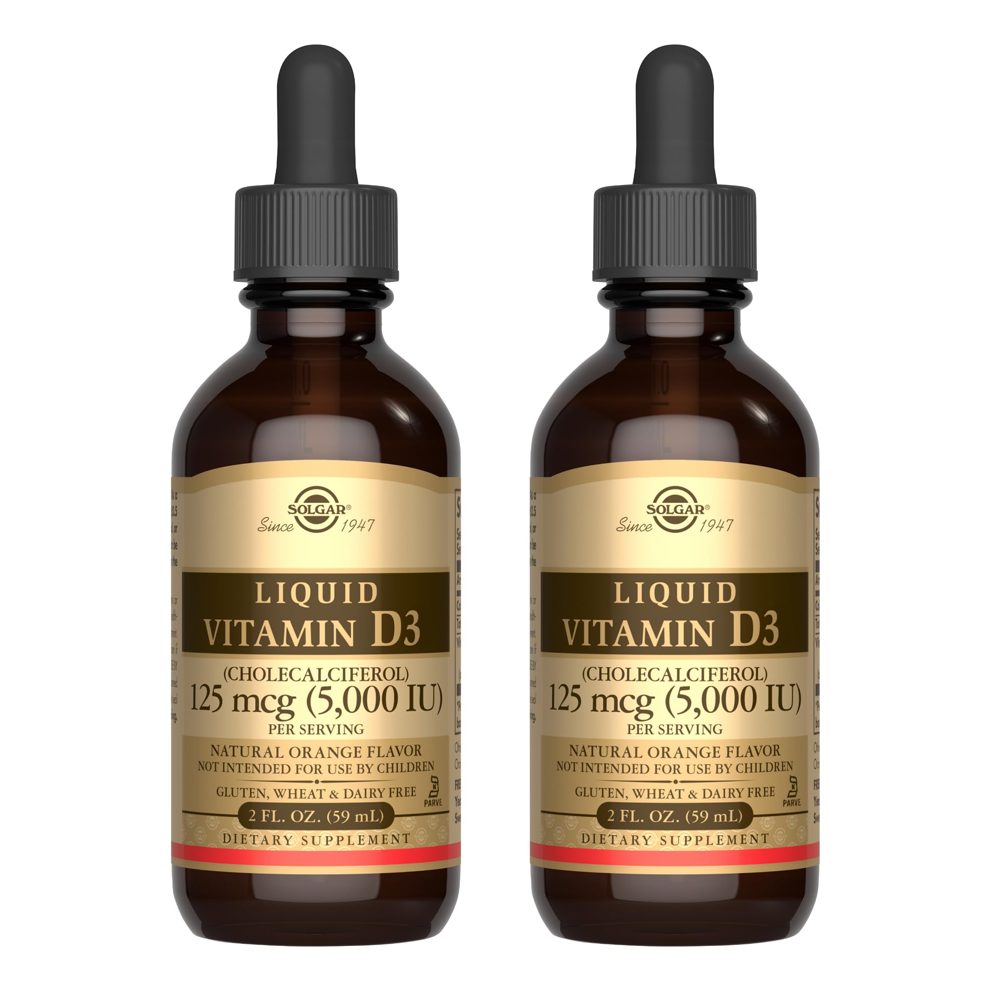 Solgar Liquid Vitamin D3 125 mcg (5,000 IU) orange liquid in amber bottle