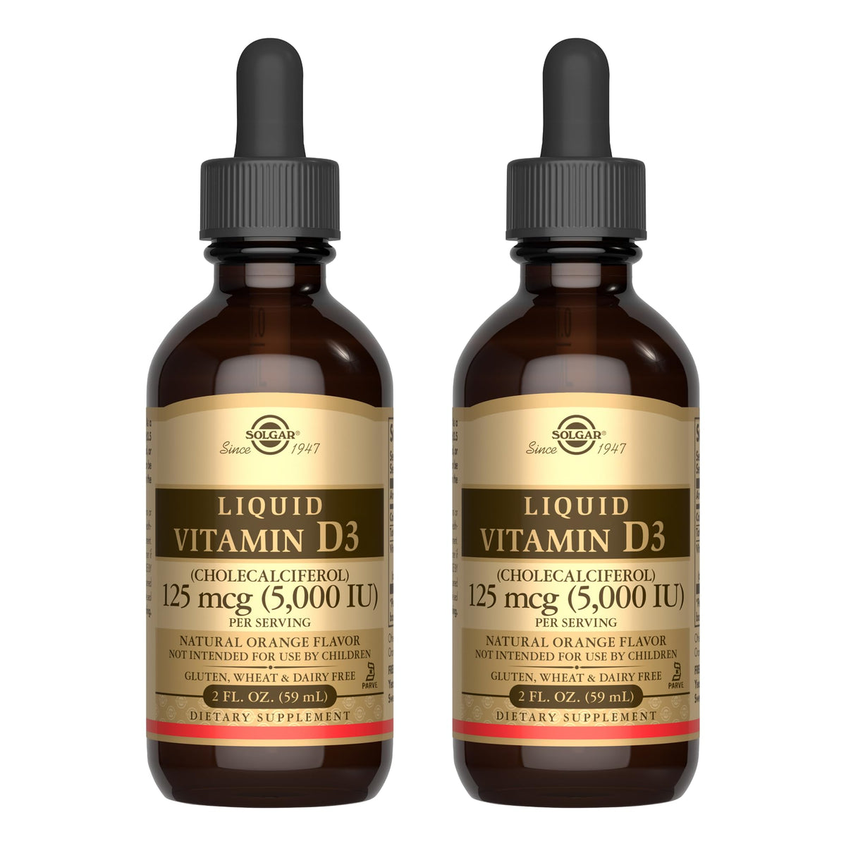 Solgar Liquid Vitamin D3 125 mcg (5,000 IU) orange liquid in amber bottle
