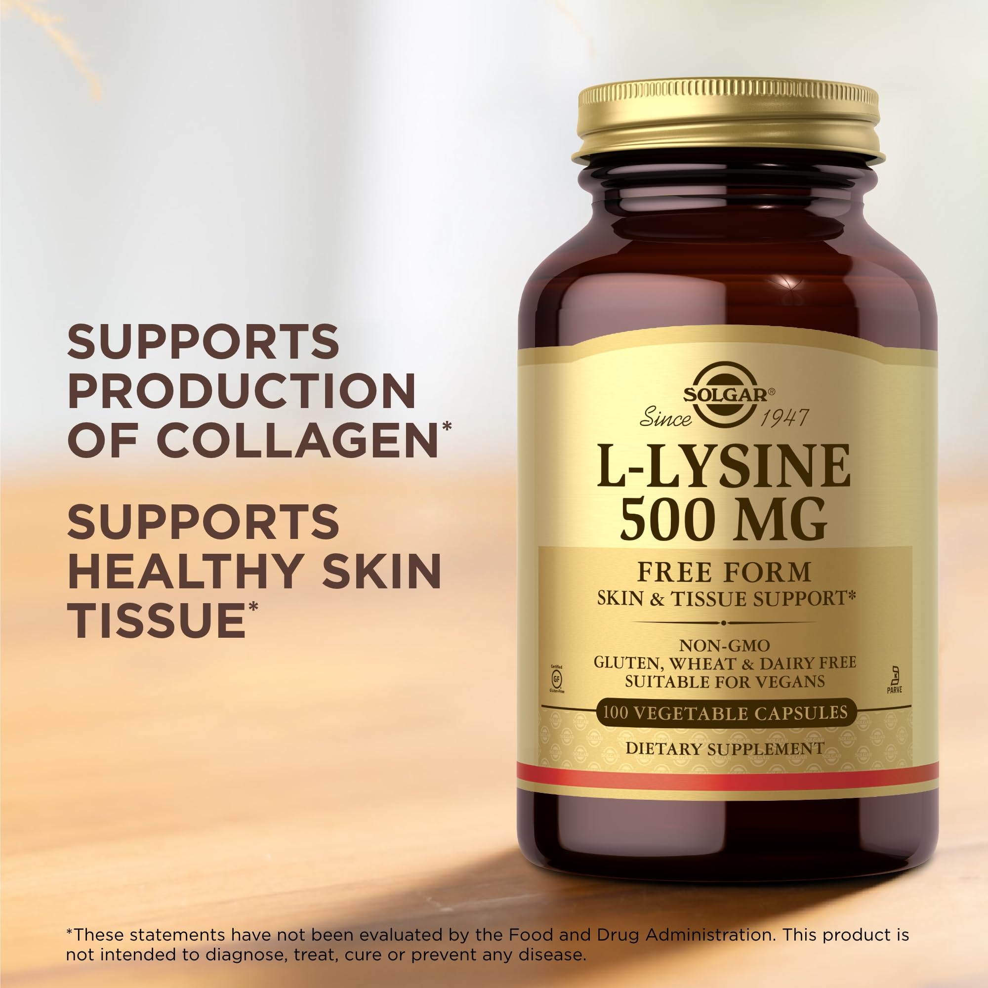Vegan, kosher, gluten-free Solgar L-Lysine 500 mg capsules