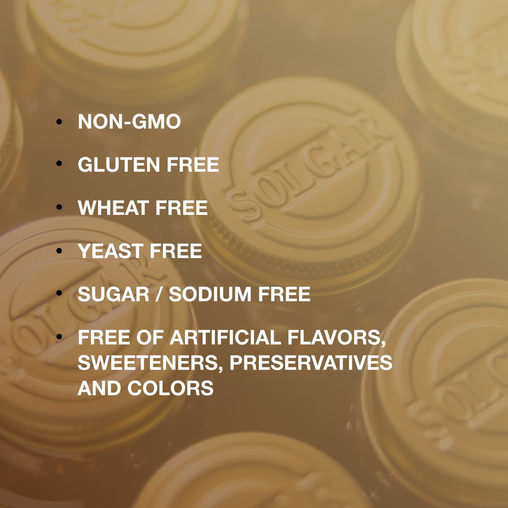 Non-GMO, vegan, kosher and gluten-free labeling on Solgar packaging
