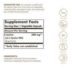 Solgar L-Lysine 500 mg label and 3-pack packaging