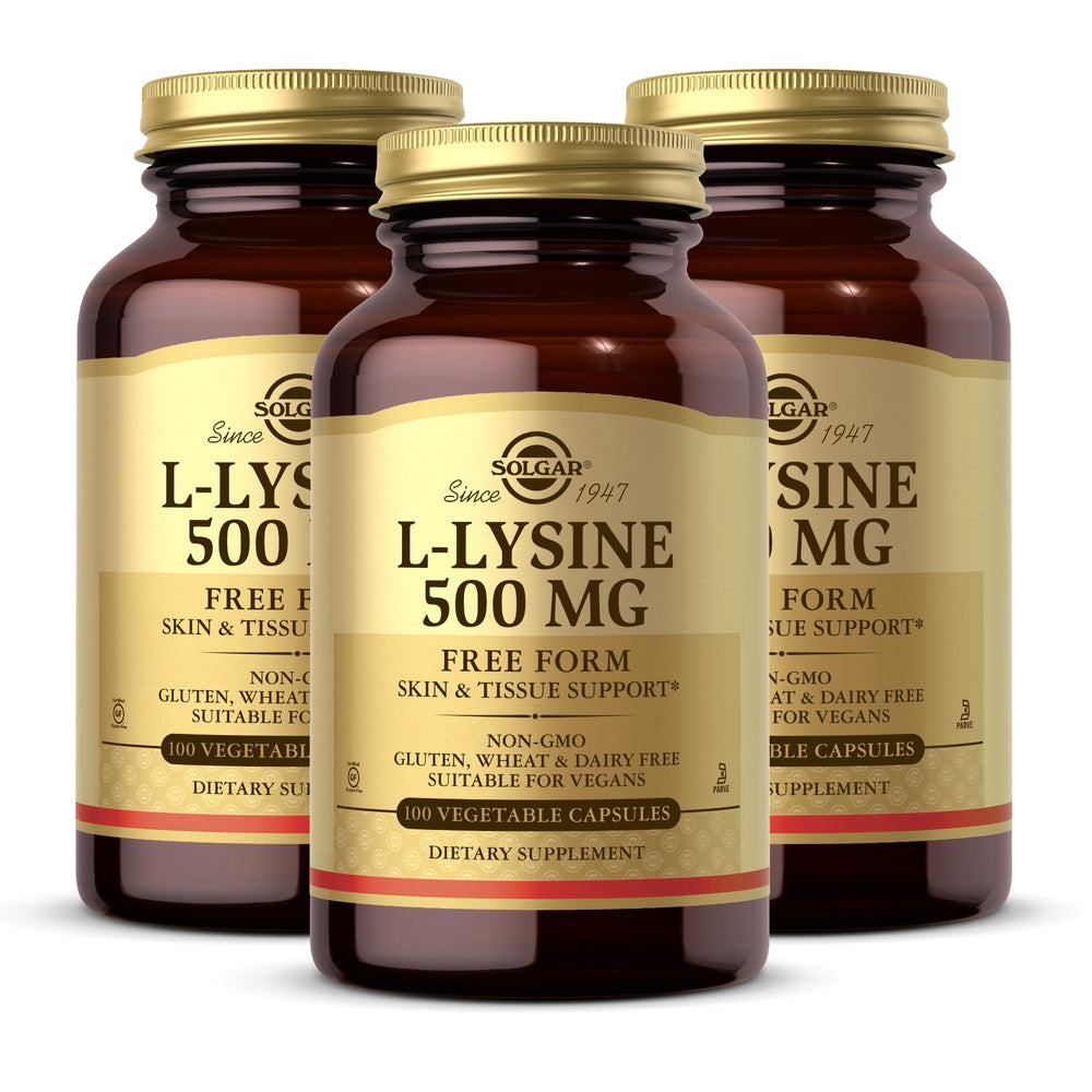 Front view of Solgar L-Lysine 500 mg vegetable capsules bottle, Pack of 3