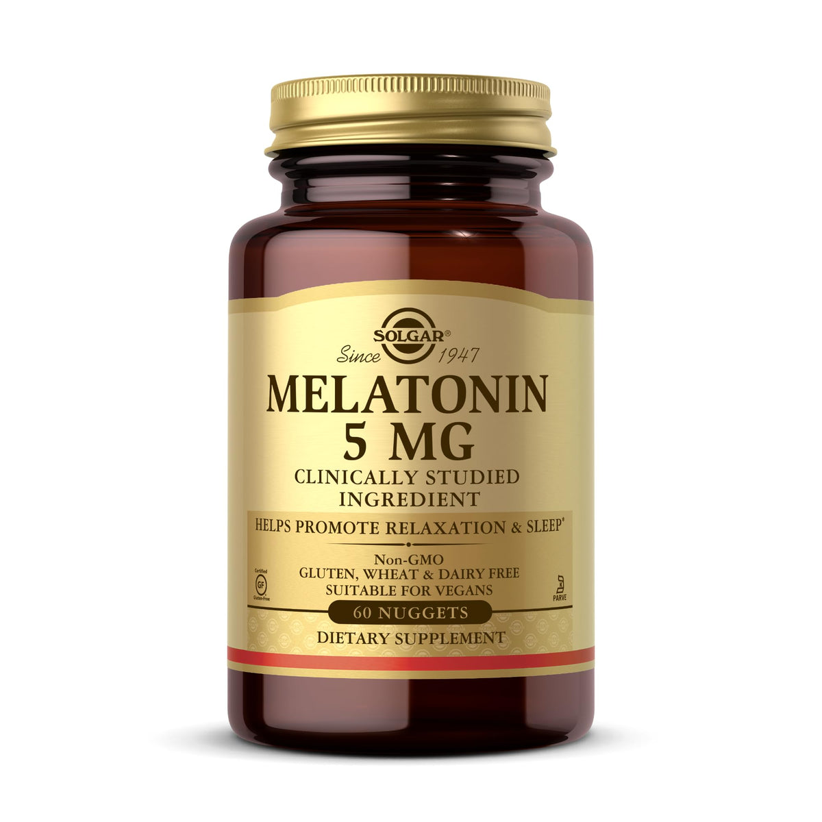 Front view of Solgar Melatonin 5 mg bottle with 60 nuggets