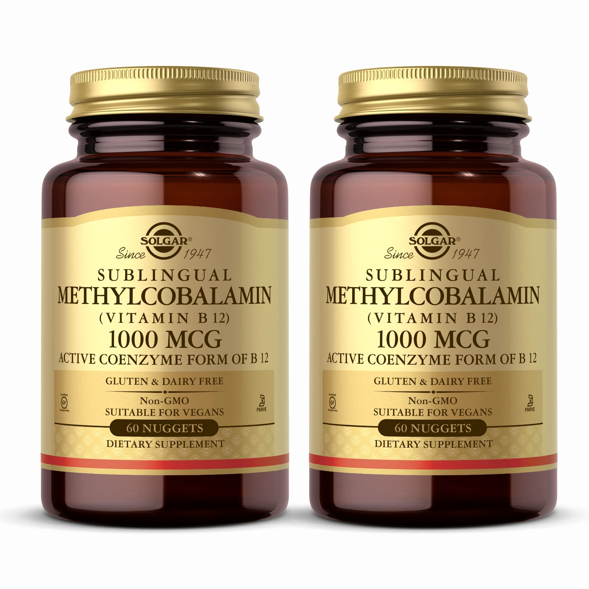 Solgar Methylcobalamin B12 1000 mcg bottle with 60 nuggets in a 2-pack