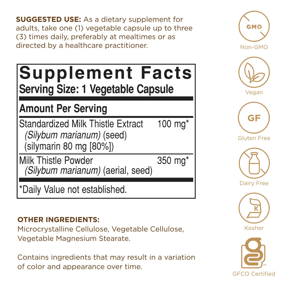 Close-up of Solgar Milk Thistle bottle label