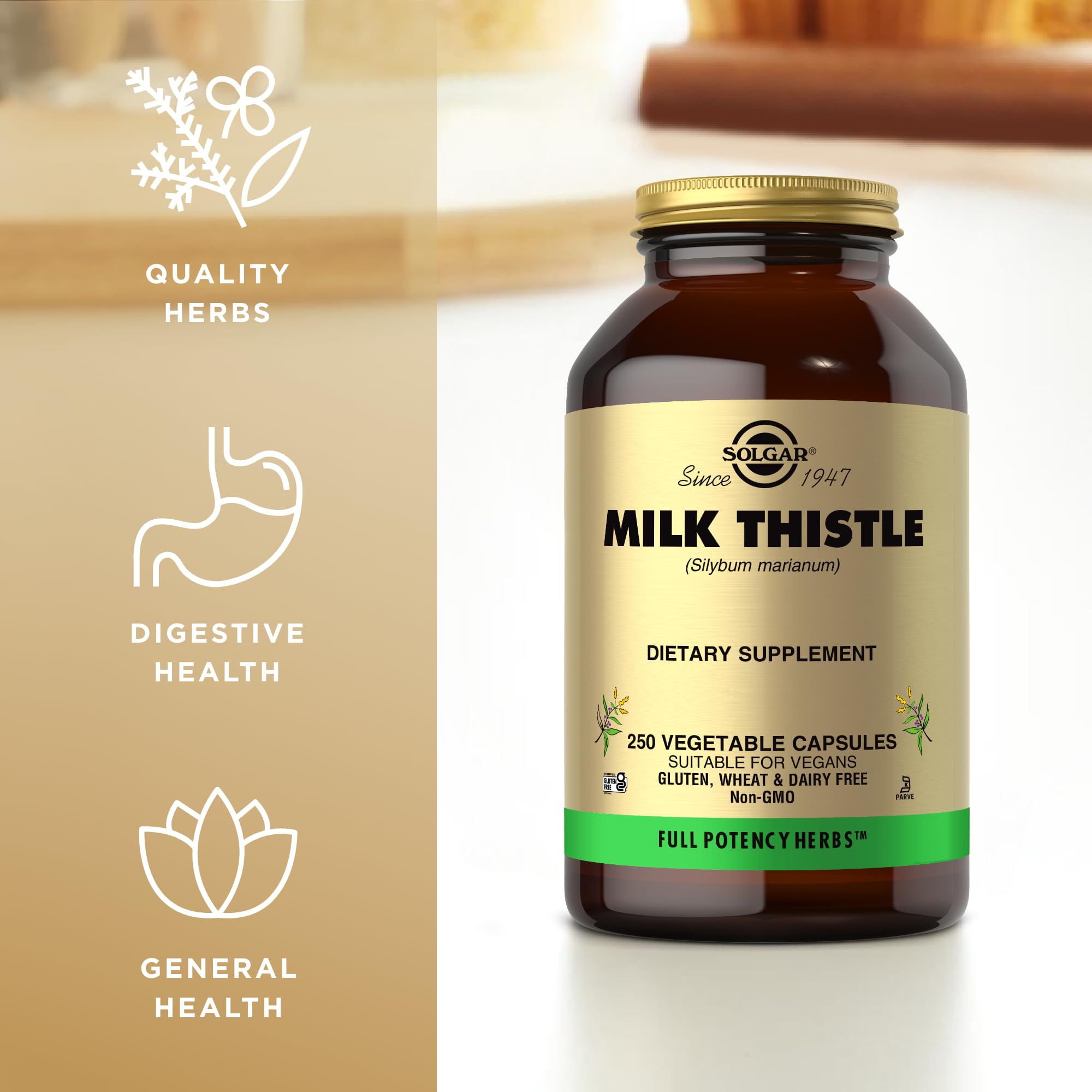Solgar Milk Thistle packaging highlighting Non-GMO, vegan, gluten-free