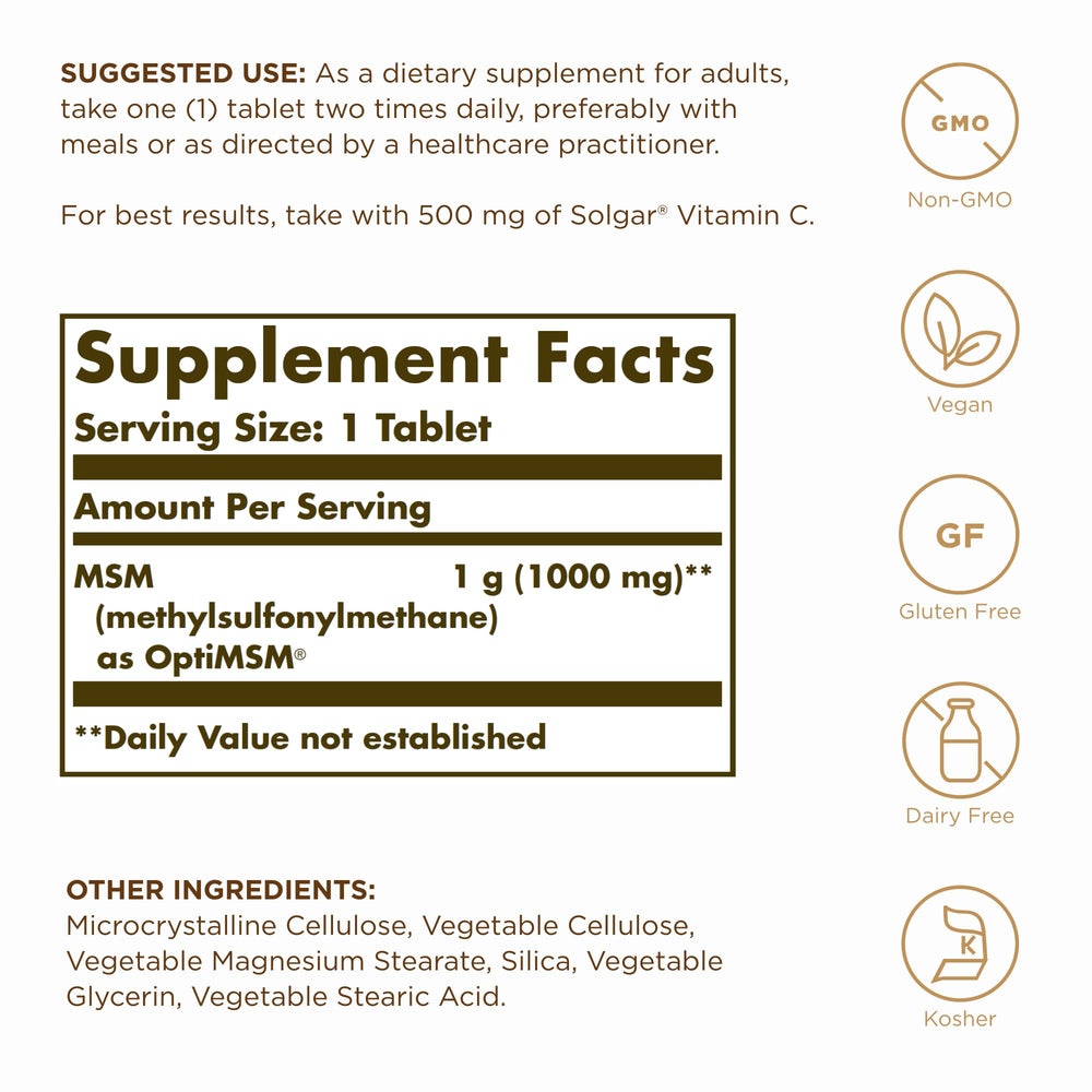 Front label of Solgar MSM 1000 mg 120 tablets