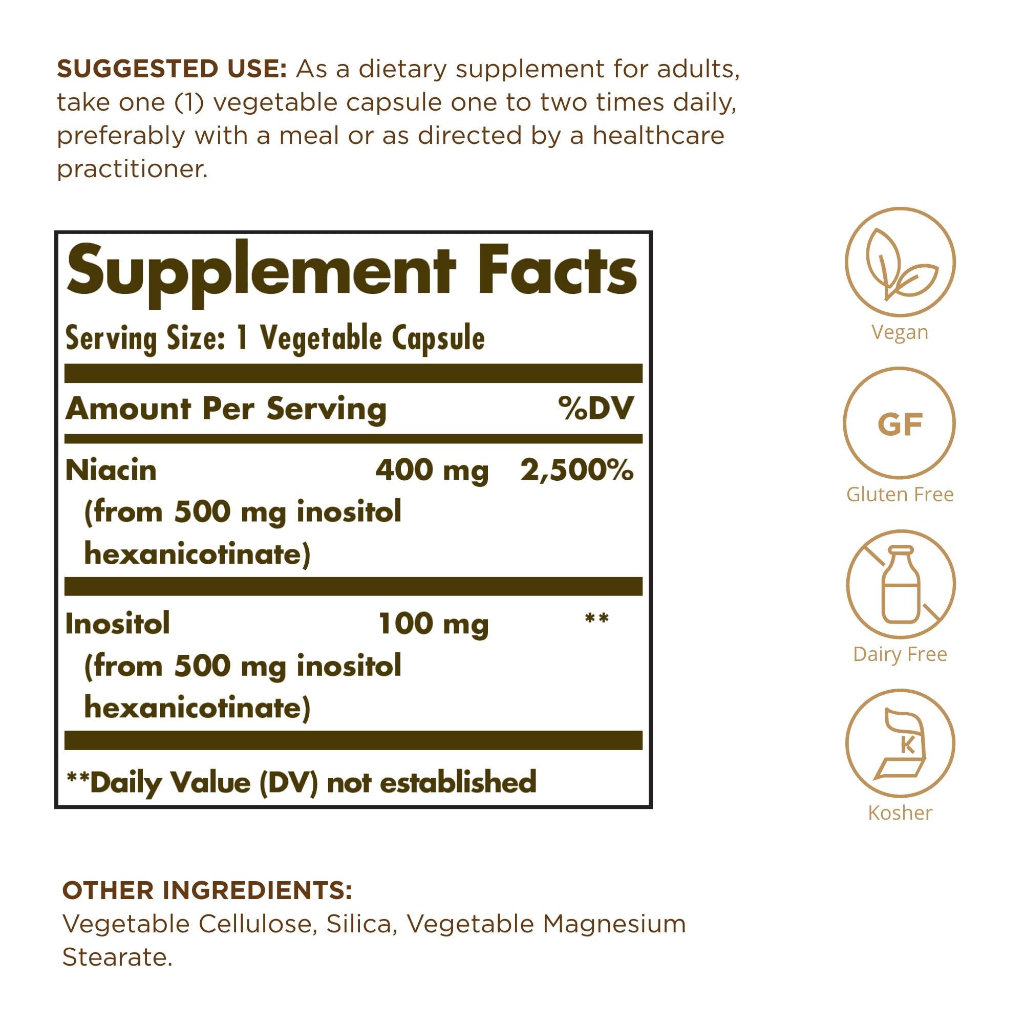 Close-up of Niacin 400 mg per serving as inositol hexanicotinate on bottle