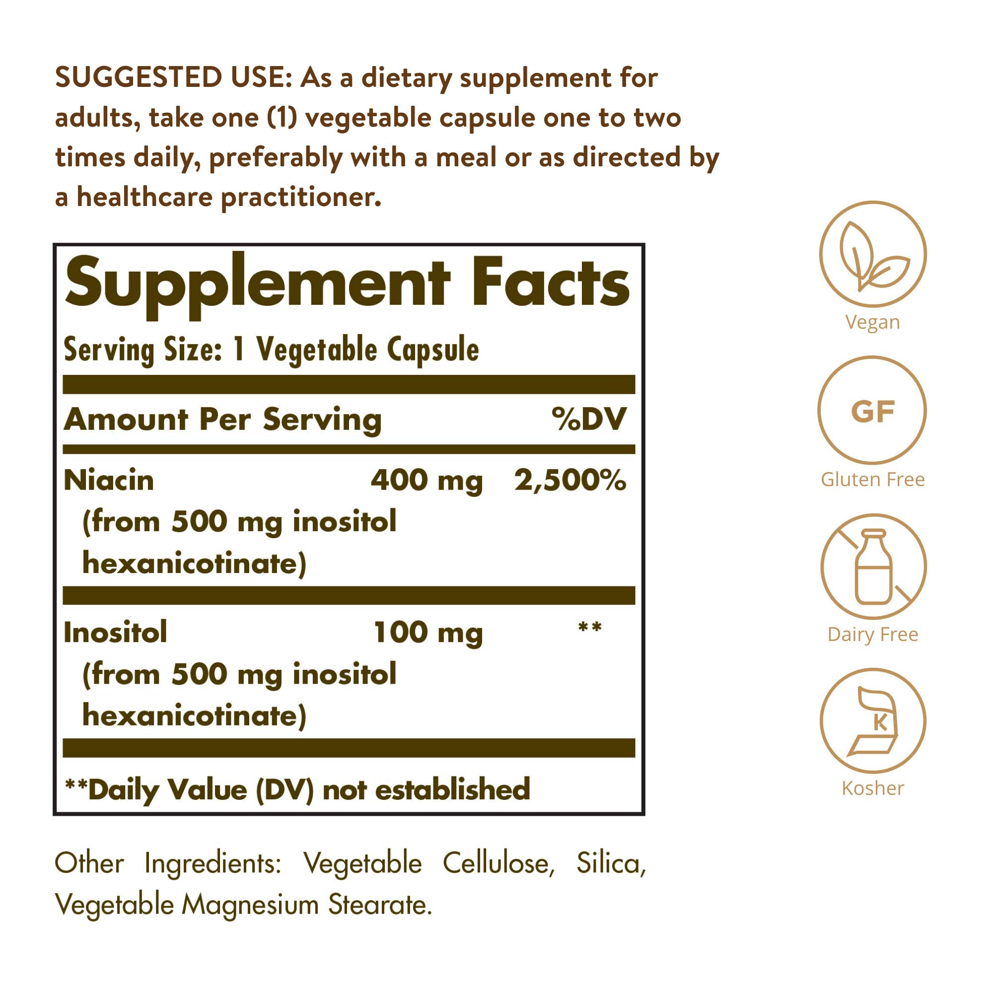 Close-up of Solgar No-Flush Niacin 500 mg capsules