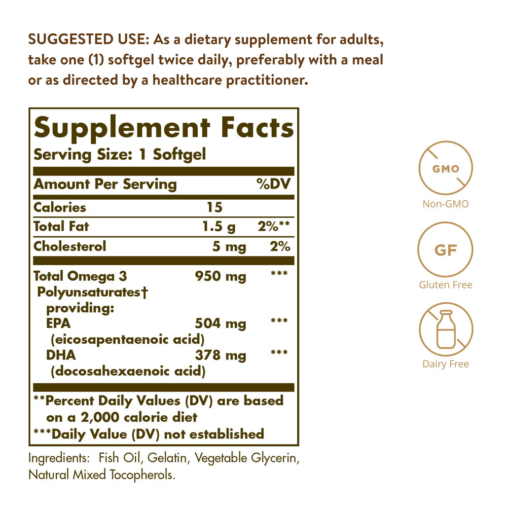 Close-up of Solgar Omega-3 950 mg softgels