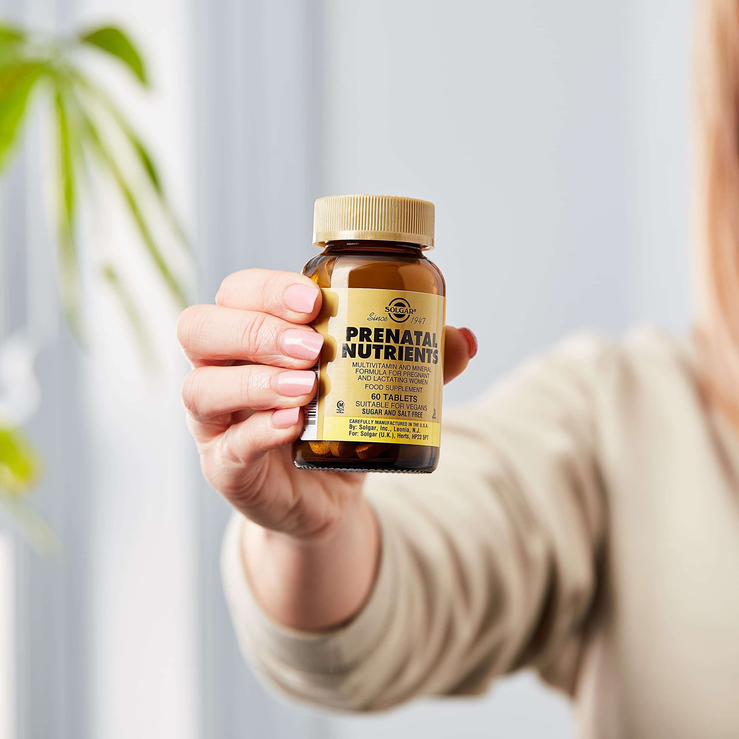 Vegan, kosher and gluten-free icons on Solgar Prenatal Nutrients packaging