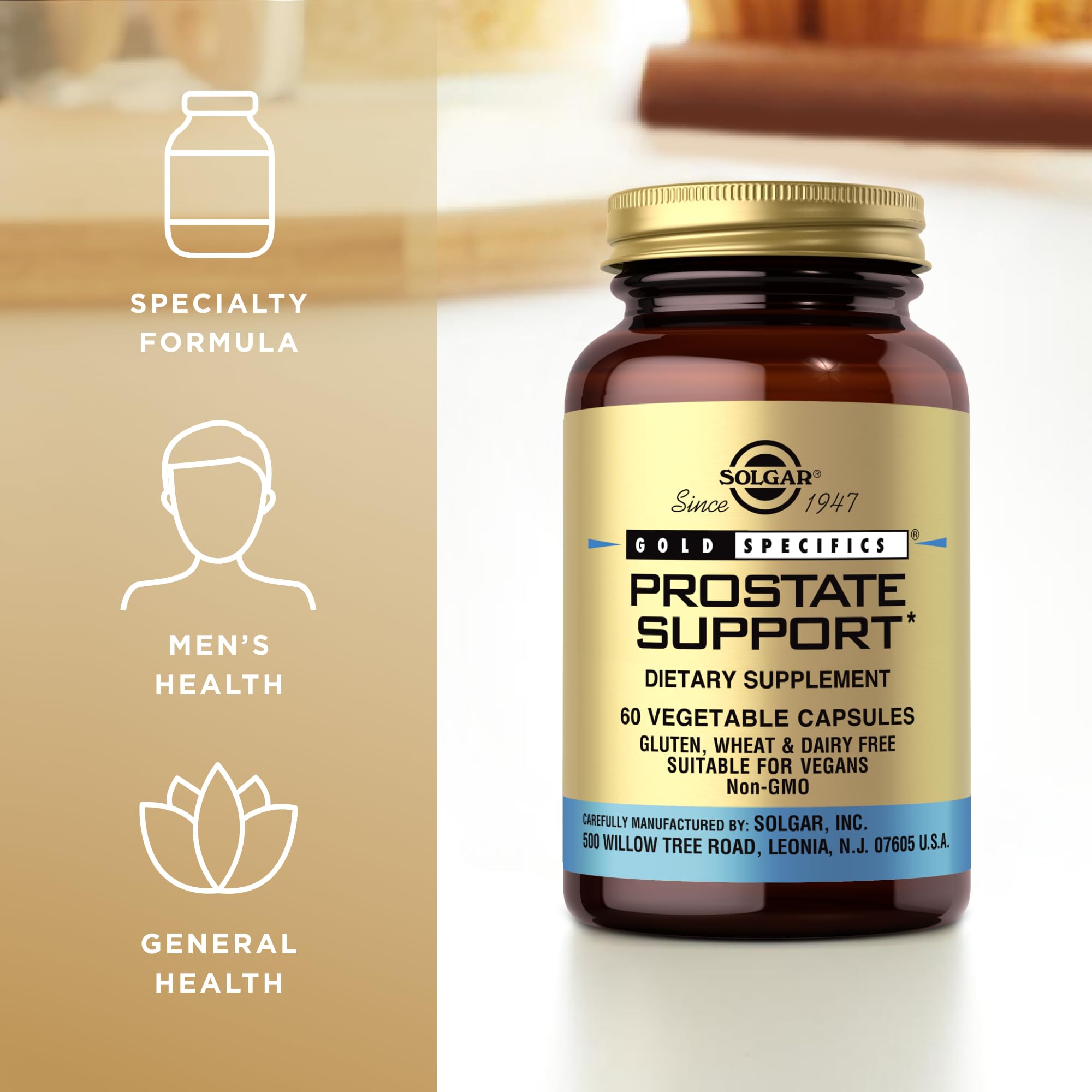 Gluten-free, dairy-free, non-GMO vegan indications on Solgar Prostate Support