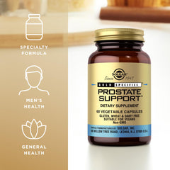 Gluten-free, dairy-free, non-GMO vegan indications on Solgar Prostate Support