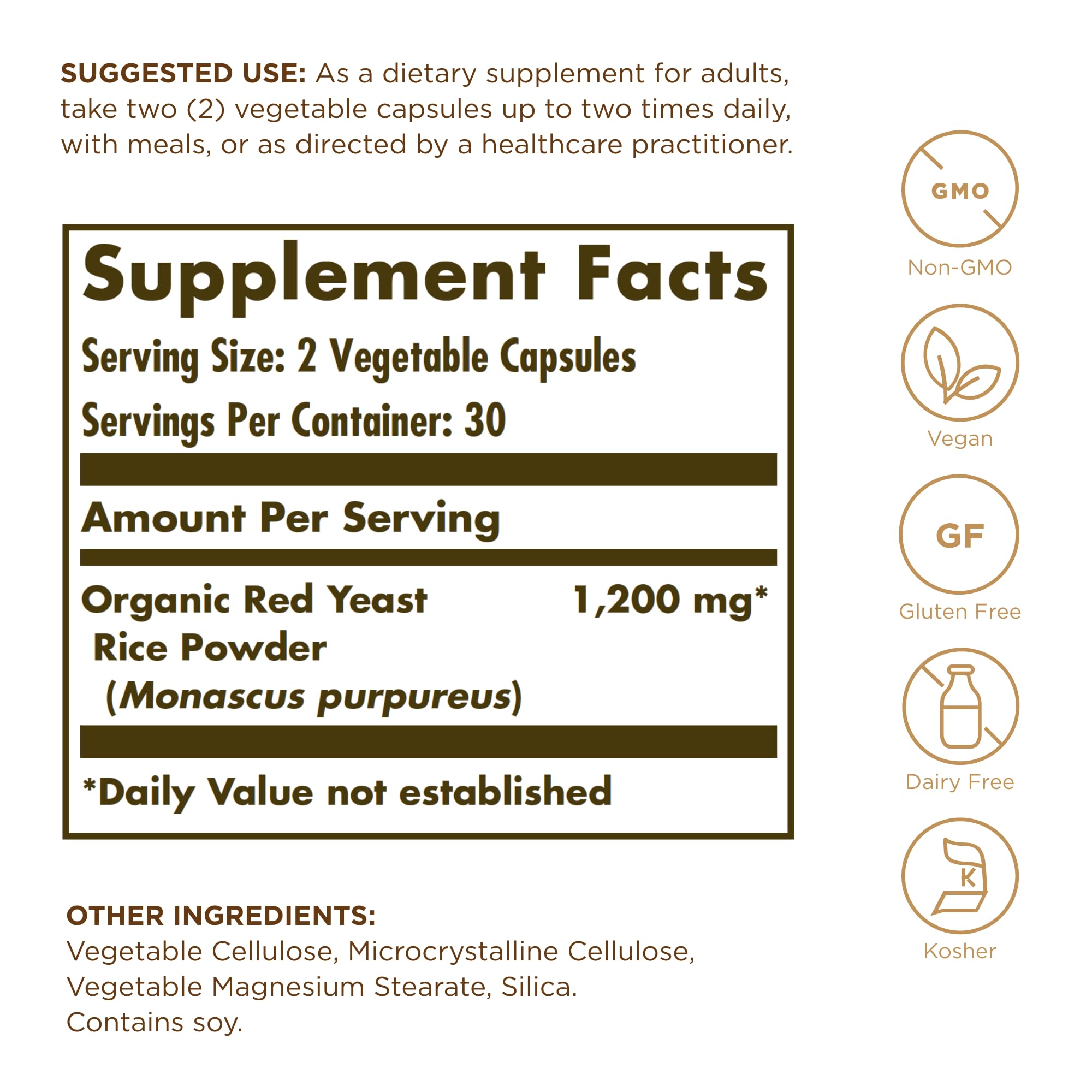 Close-up of Solgar Red Yeast Rice 600 mg capsules