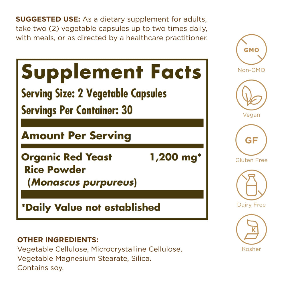 Close-up of Solgar Red Yeast Rice bottle label
