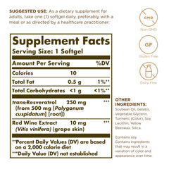 Close-up of Solgar Resveratrol 250 mg label
