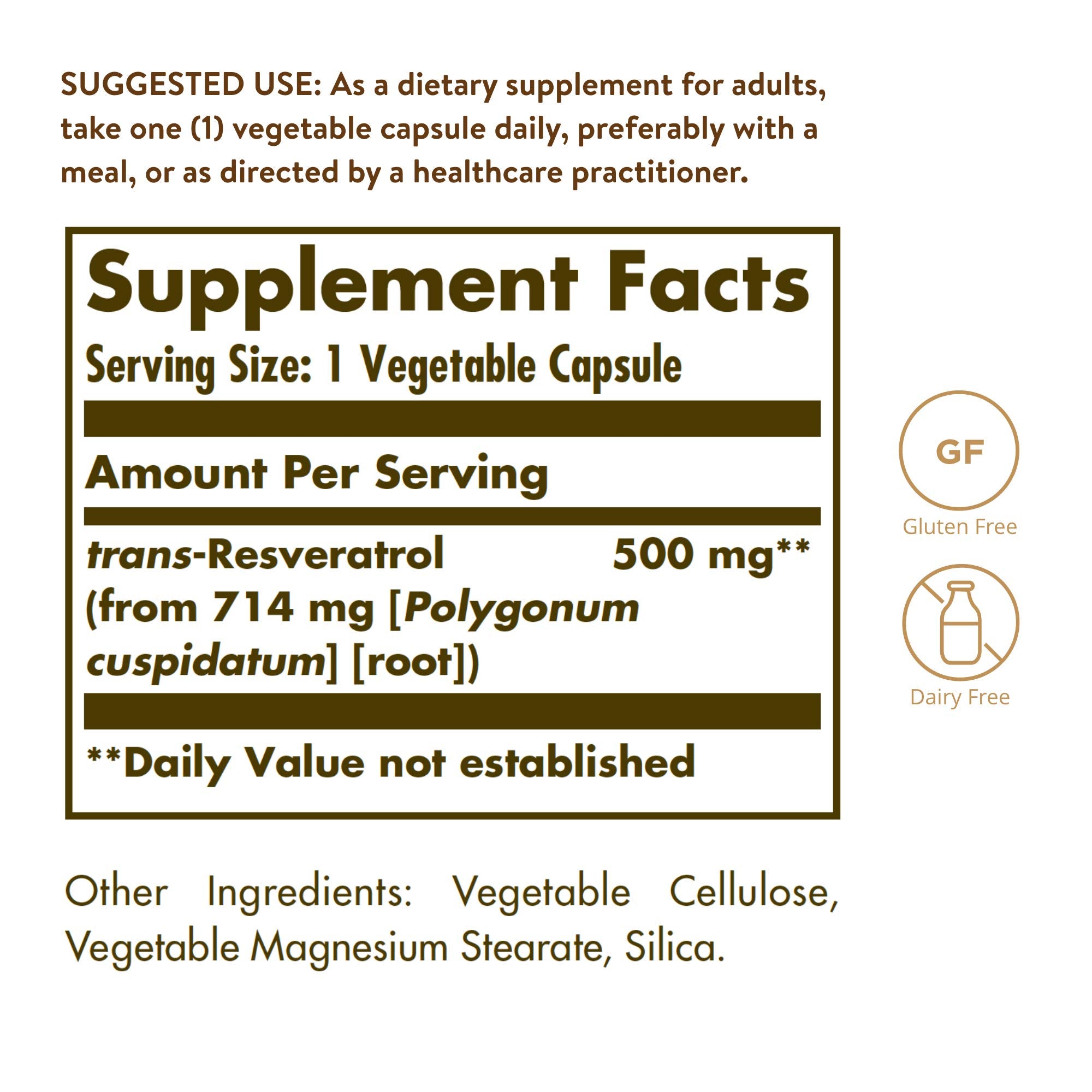 Close-up of Solgar Resveratrol 500 mg label