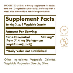 Close-up of Solgar Resveratrol 500 mg label