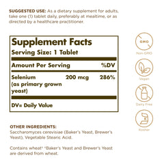 Solgar Selenium 200 mcg bottle with tablets on white background