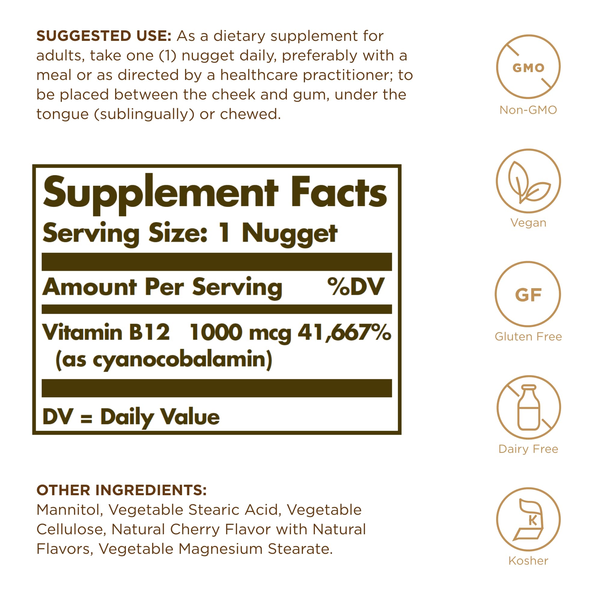 Close-up of Solgar Vitamin B12 1000 mcg sublingual tablets