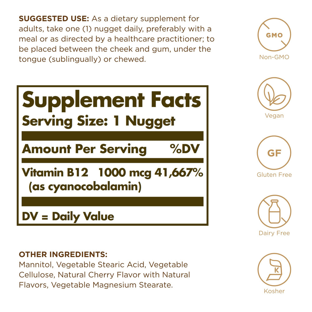 Close-up of Solgar Vitamin B12 1000 mcg sublingual tablets