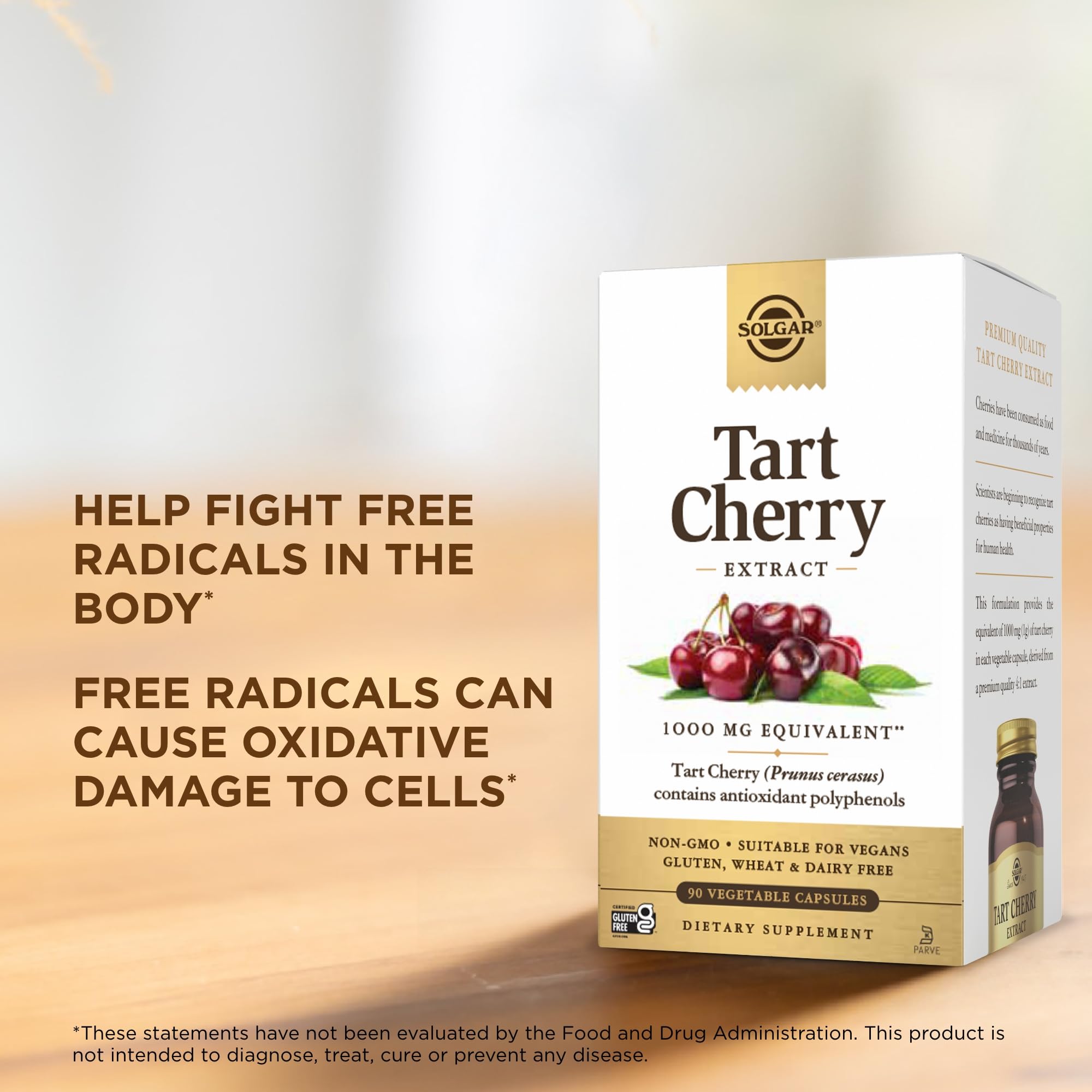 Non-GMO, vegan, gluten-free, dairy-free certification icons for Solgar Tart Cherry