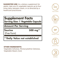 Close-up of Taurine 500 mg label