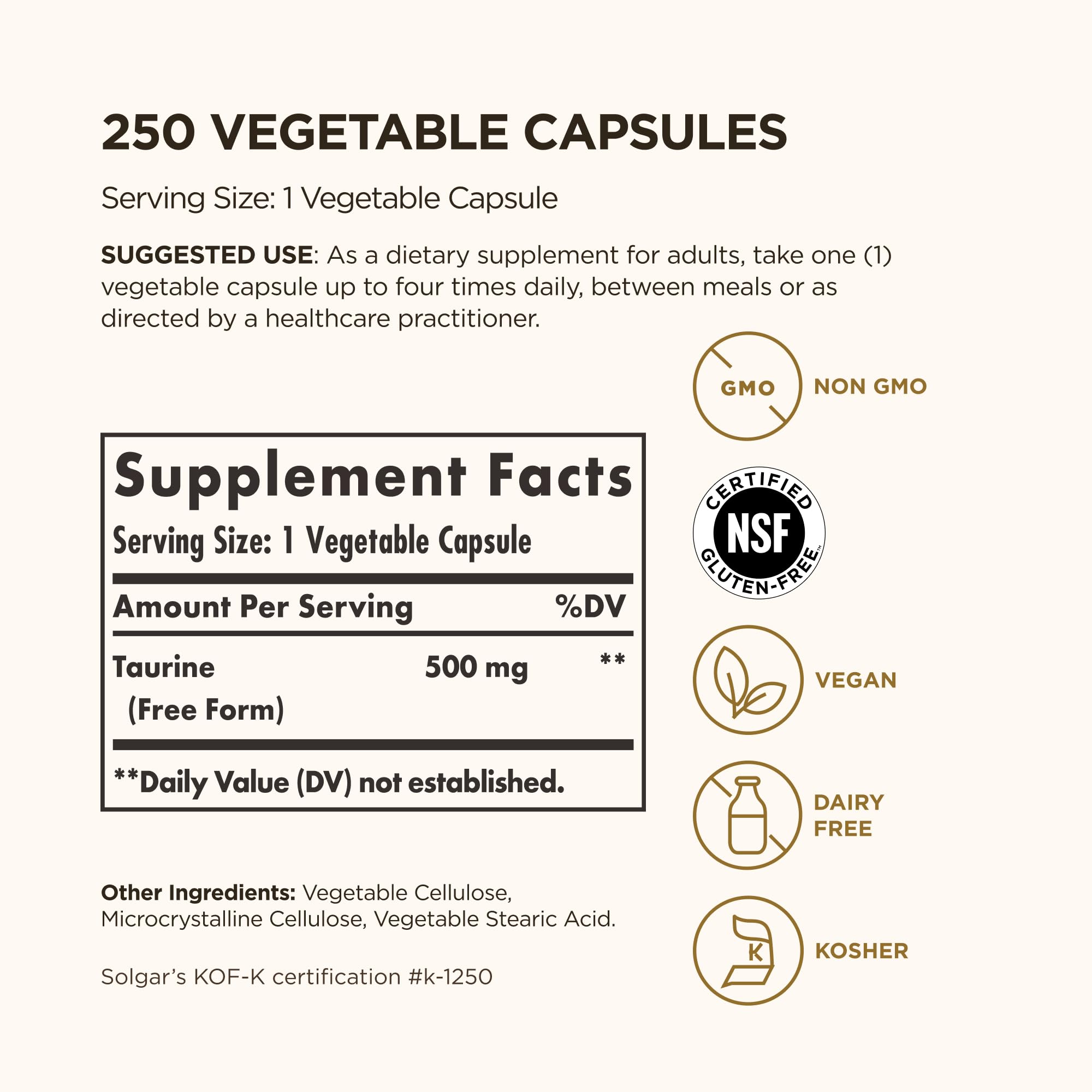 Solgar Taurine 500 mg capsules next to bottle