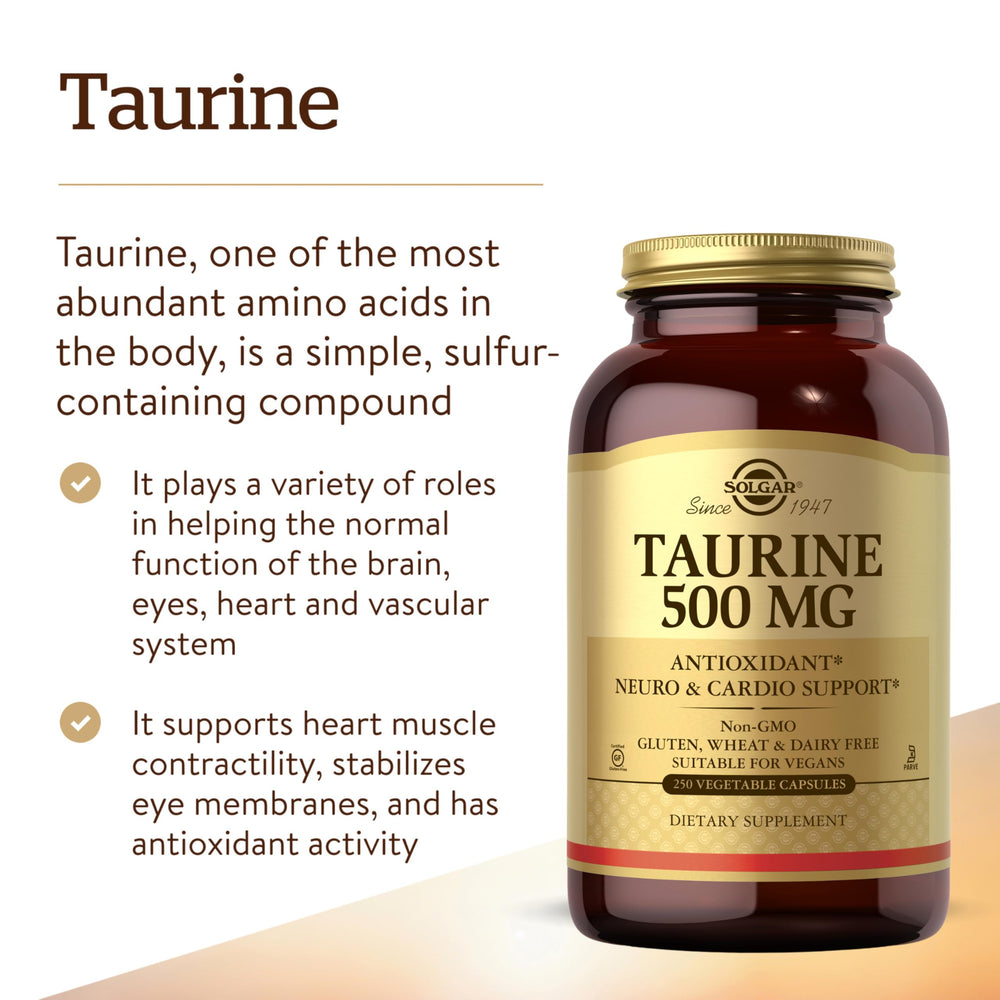 Close-up of Solgar Taurine 500 mg label