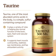 Close-up of Solgar Taurine 500 mg label