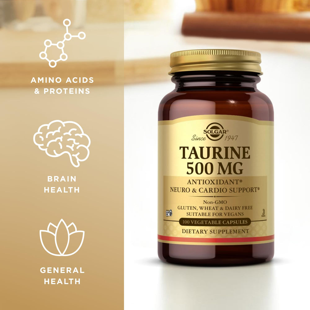 Solgar Taurine 500 mg packaging with vegan and kosher symbols