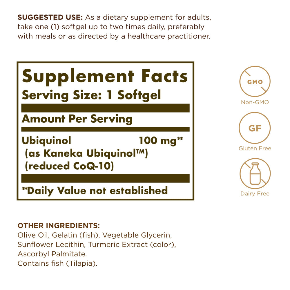 Solgar Ubiquinol 100 mg softgels back label
