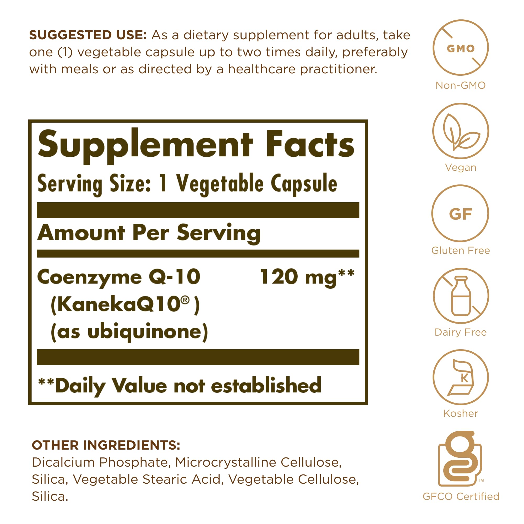 Close-up of the Solgar Vegan CoQ-10 label showing 120 mg per capsule.