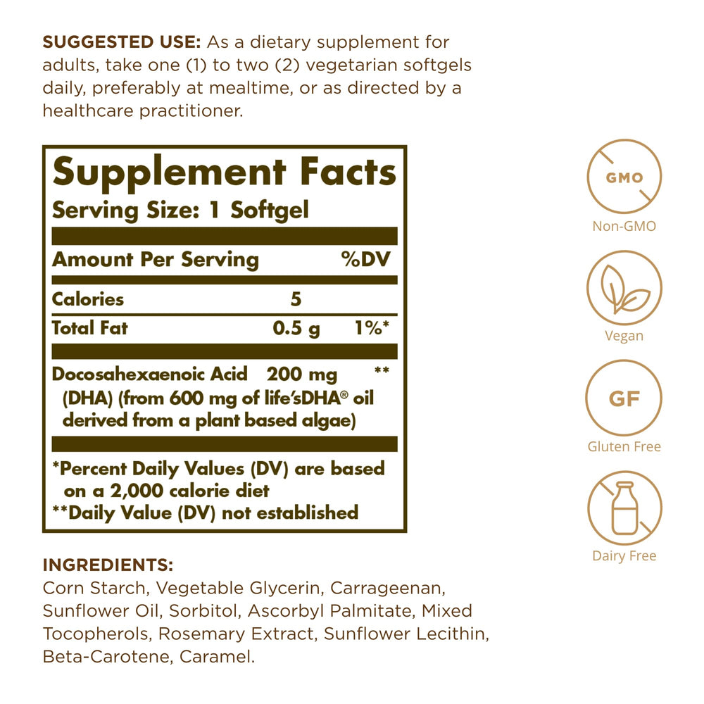 Solgar Vegetarian DHA 200 mg bottle with label