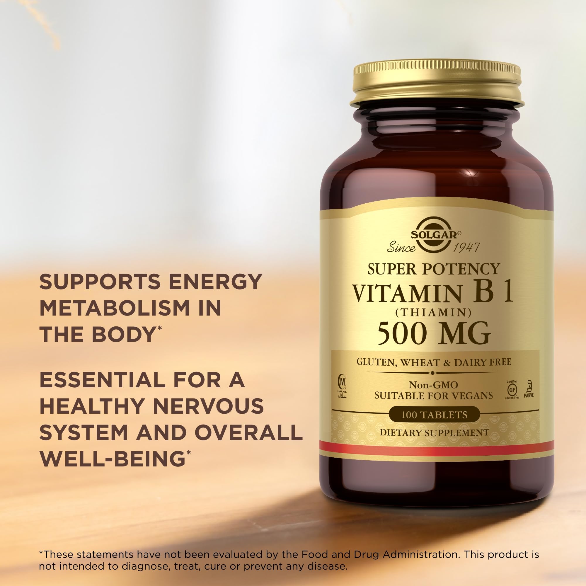 Solgar Vitamin B1 Thiamin vegan non-GMO gluten-free symbols