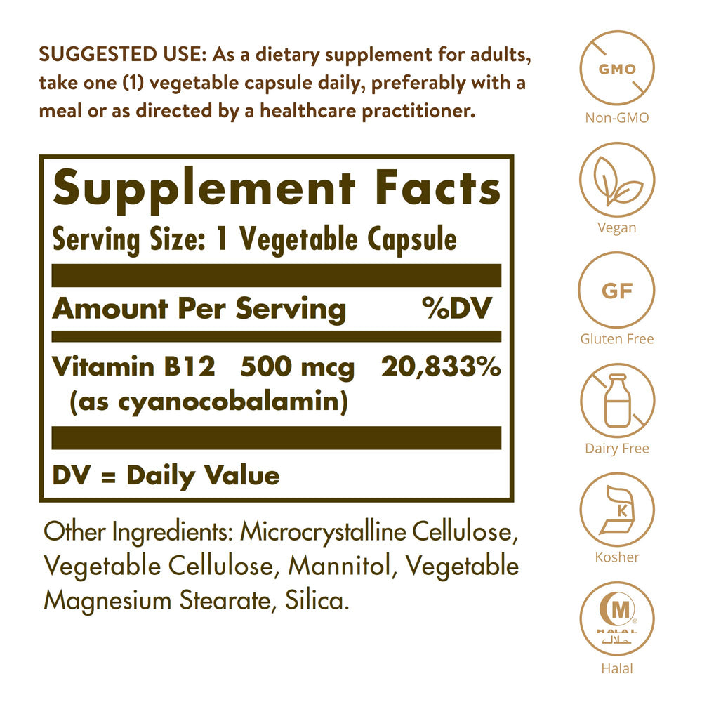 Label close-up showing 500 mcg Vitamin B12