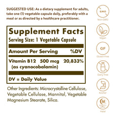 Label close-up showing 500 mcg Vitamin B12