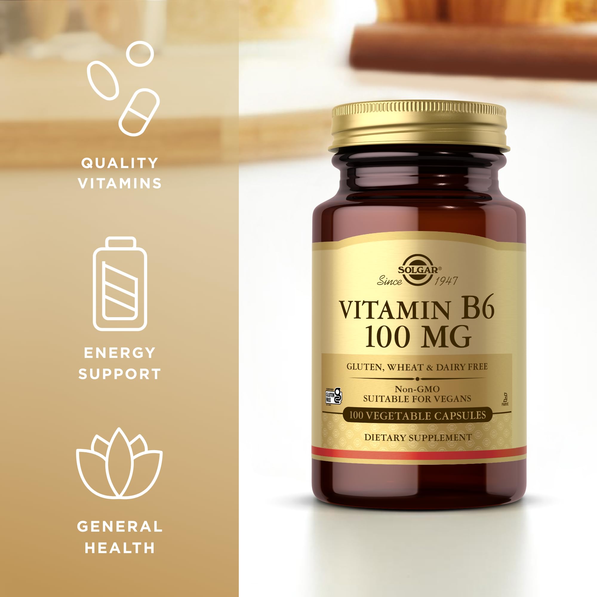Non-GMO, vegan Solgar Vitamin B6 100 mg icon on packaging