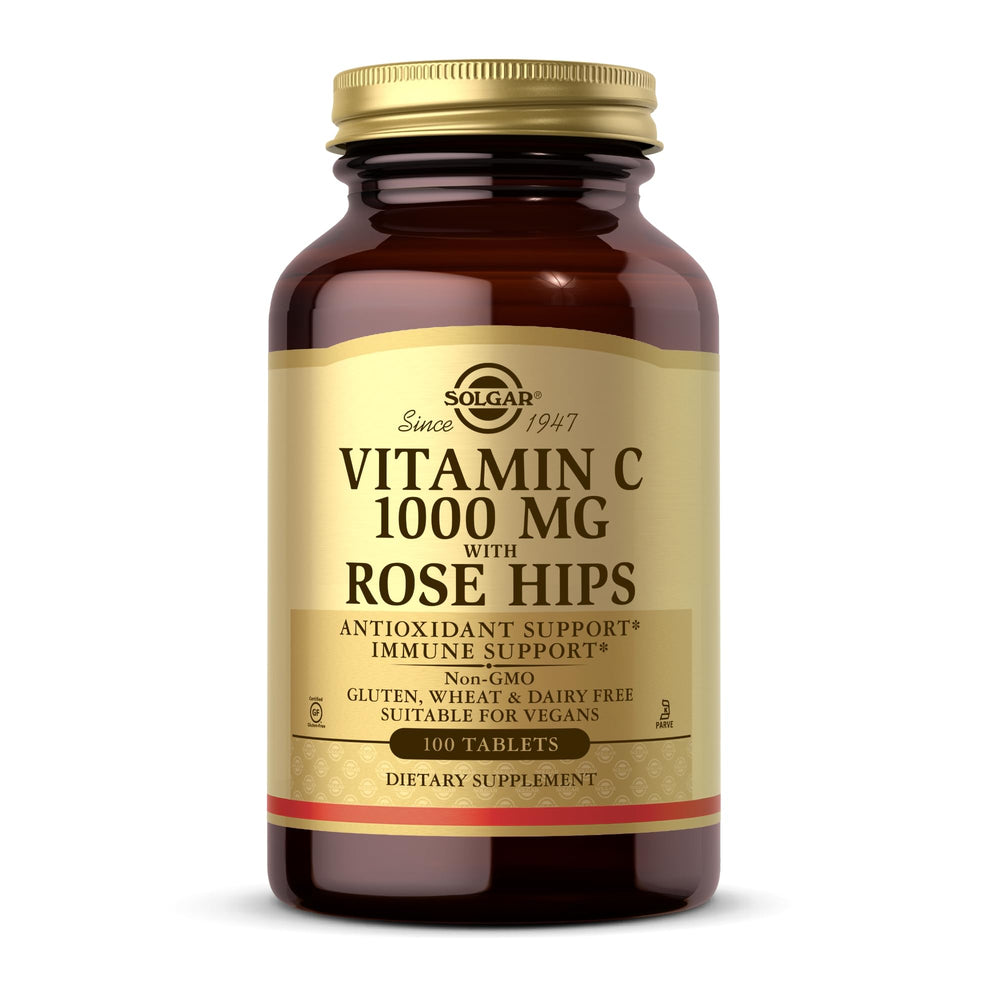 Bottle of Solgar Vitamin C 1000 mg with Rose Hips