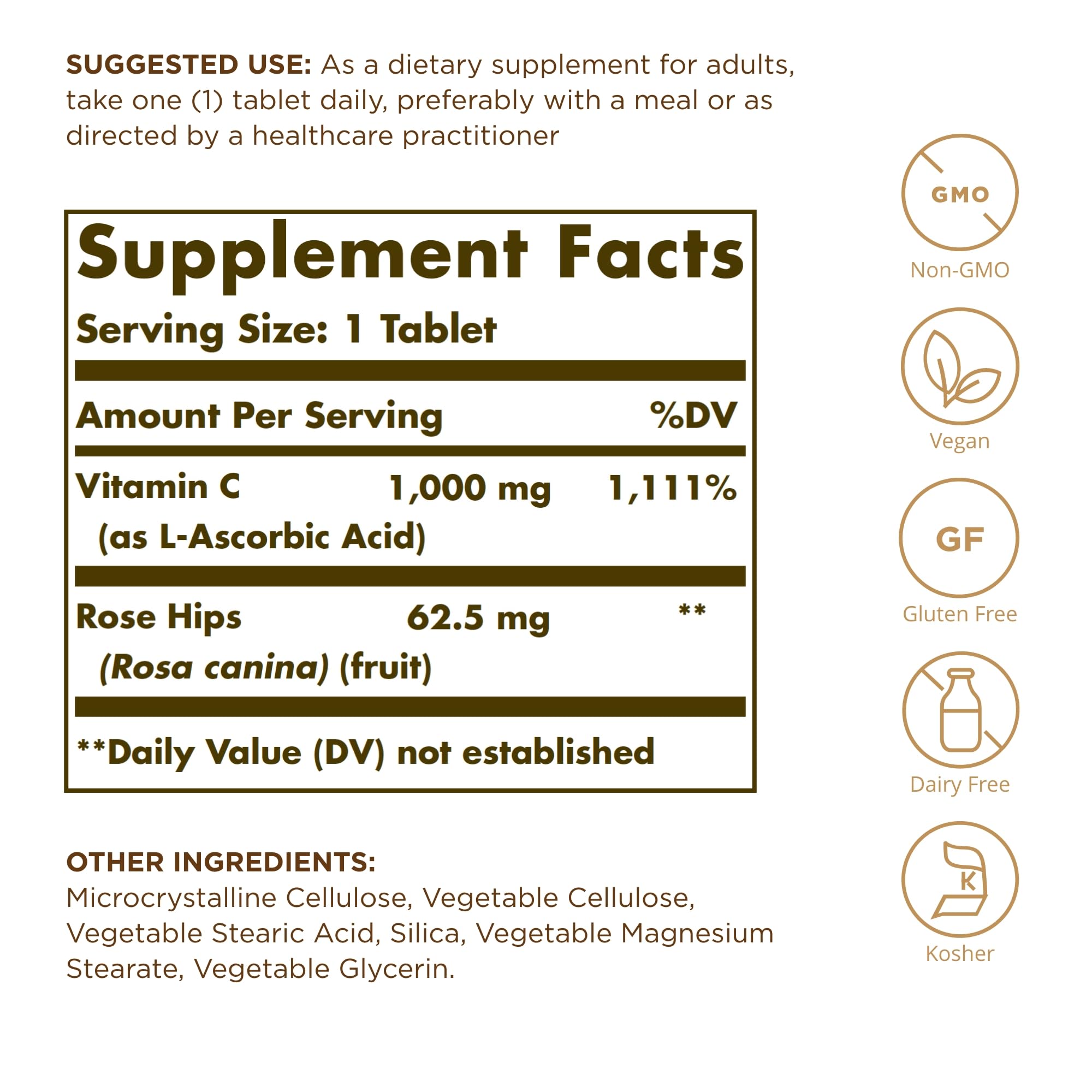 Solgar Vitamin C 1000 mg with Rose Hips label highlighting non-GMO and vegan