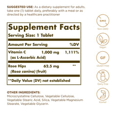 Solgar Vitamin C 1000 mg with Rose Hips label highlighting non-GMO and vegan