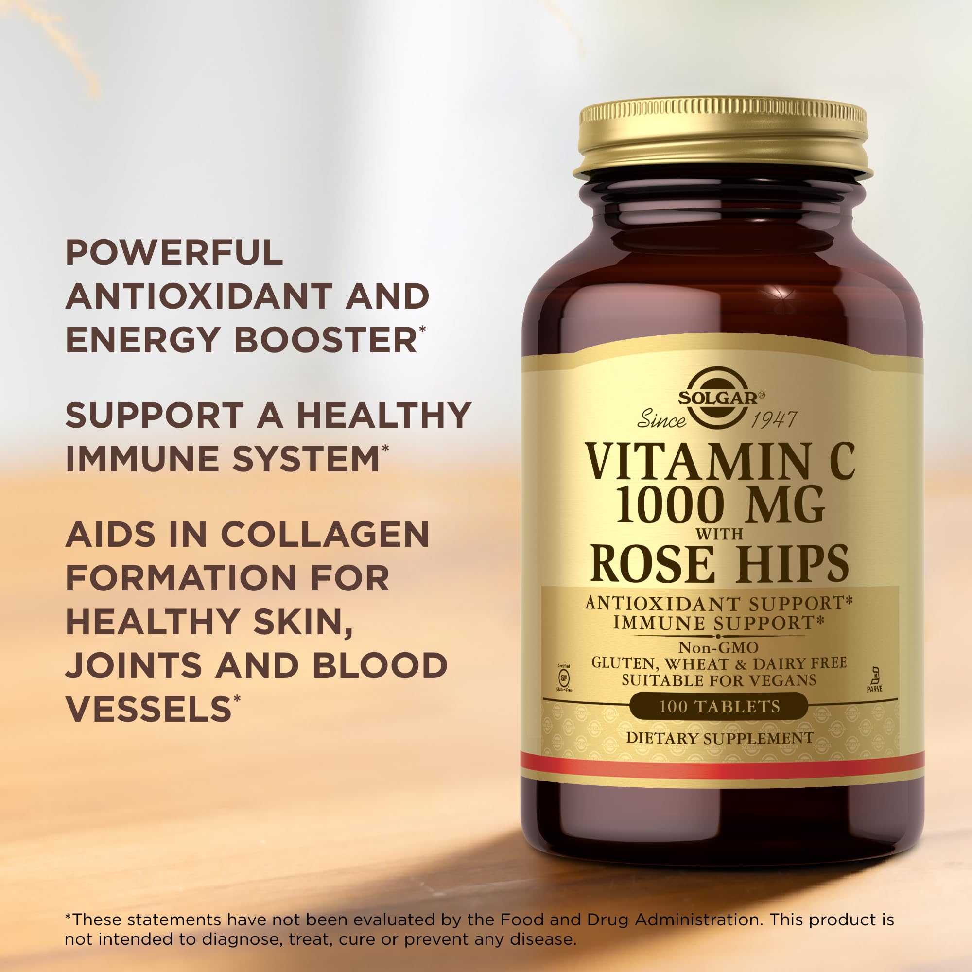 Non-GMO, vegan, gluten-free, dairy-free, kosher symbols on Solgar label