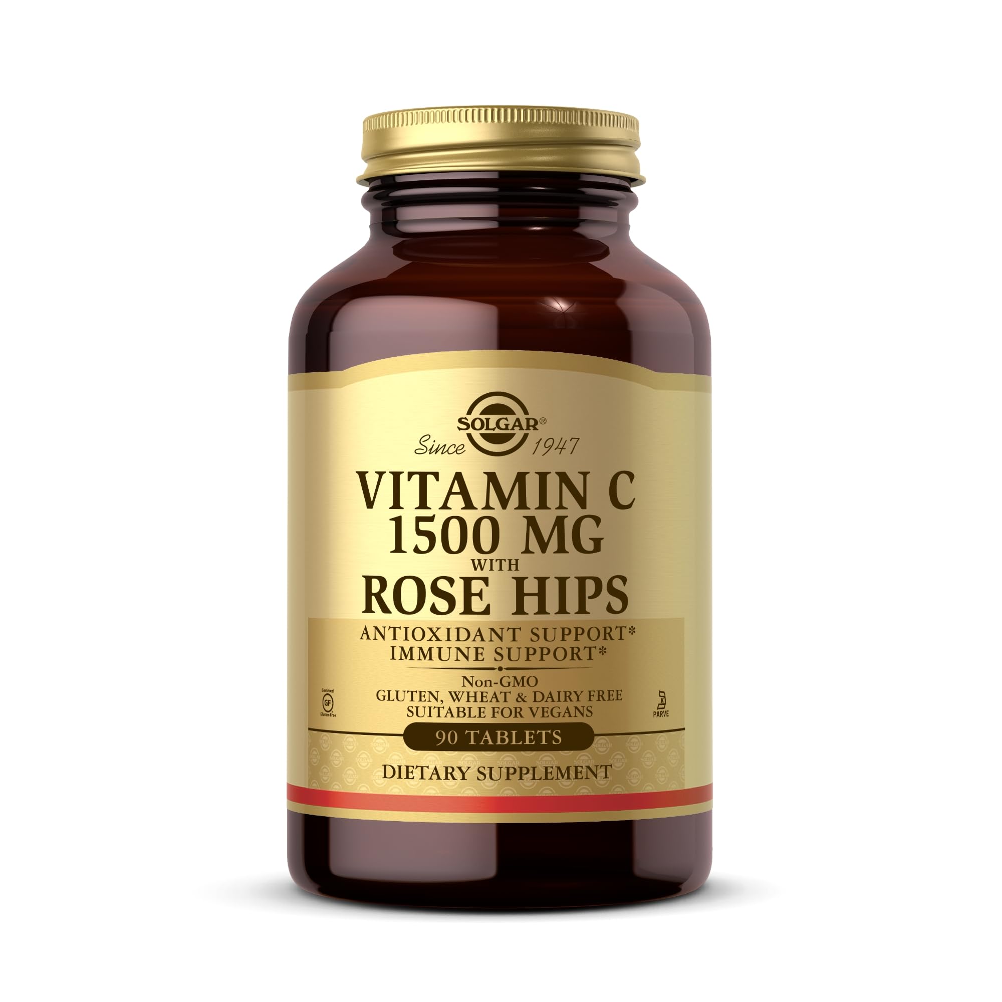 Solgar Vitamin C 1500 mg with Rose Hips bottle supports immune health and daily wellness.