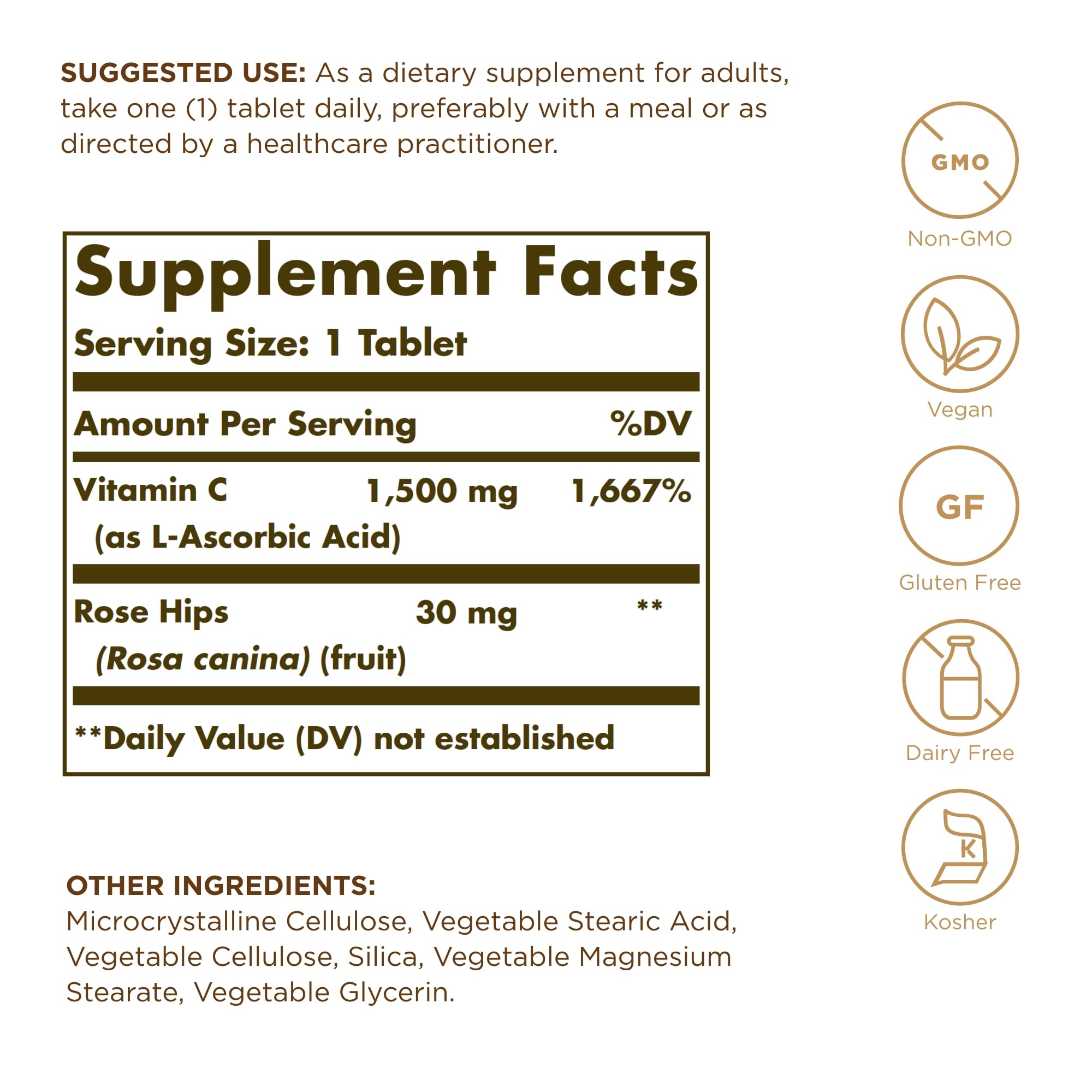 Solgar Vitamin C 1500 mg with Rose Hips tablets closeup highlights antioxidant protection.